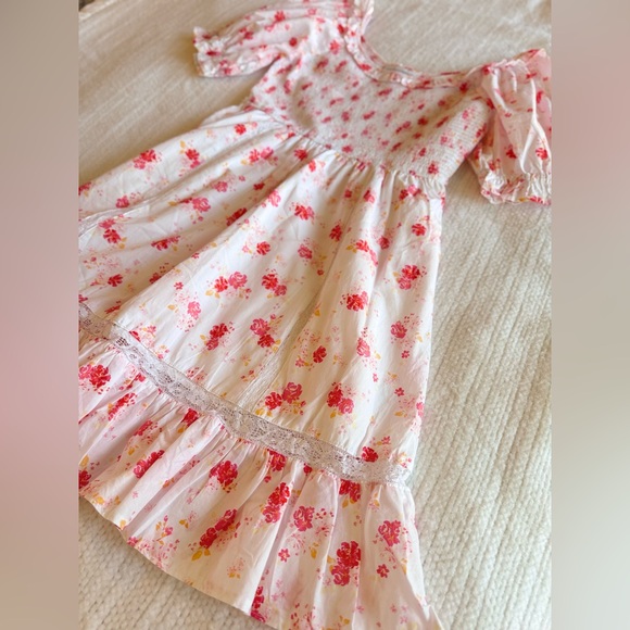 LOVESHACKFANCY Cosette White Cotton & Hot Pink Floral Smocked Ruffle Mini Dress
